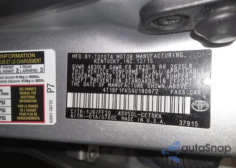 2016 Toyota Camry Se из США, поврежденный, VIN 4T1BF1FK5GU180872